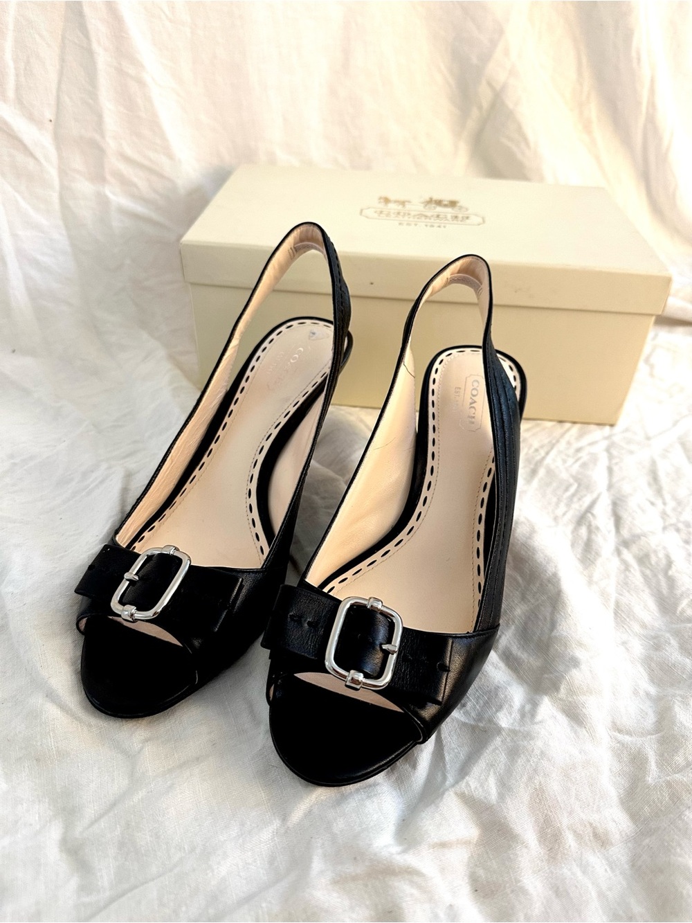 Coach Black Leather Slingback Peep-Toe Heels with Silver Buckle